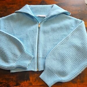Zara Knit Puff Sleeve Collared Zip Sweater Size Small